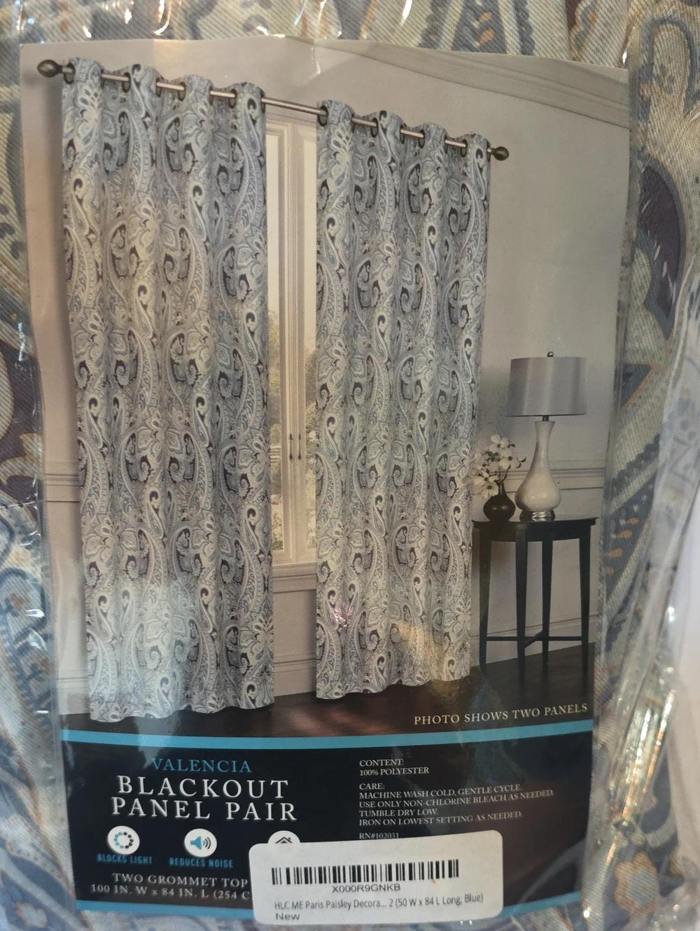 Valencia NEW Pair Blackout Curtain Panels Grommets Paisley Blue Beige 100x84